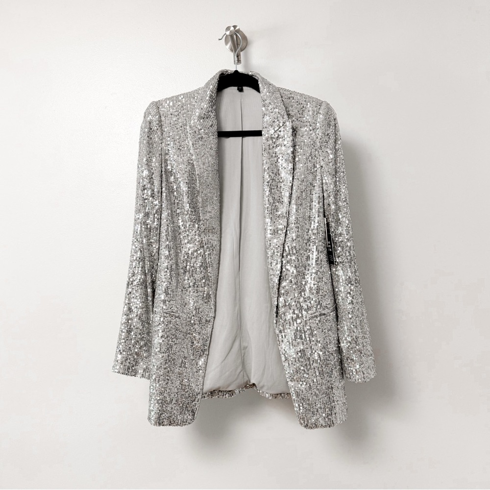 Express Sequin Detail Spring Summer Chic Long Line Blazer Jacket Silver Small